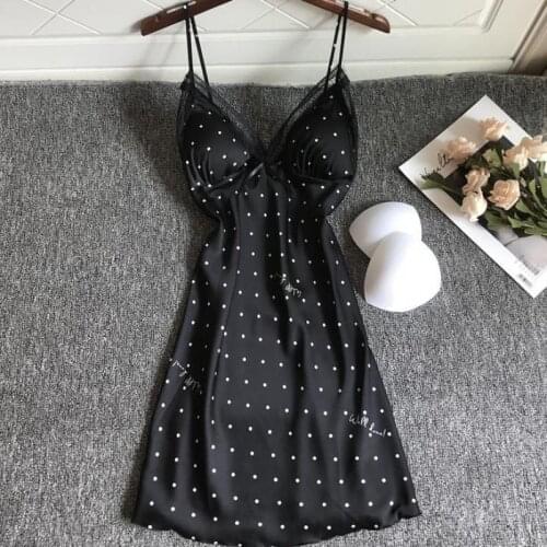 Summer Kimono Dressing Gown Nightdress With Lace Print Polka Dot Nightgown Sexy Chemise Sleepwear V-Neck Sleeveless Loungewear