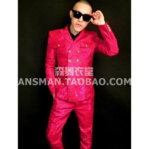 New fashion Male Pink Glitter Wedding Dress costumes Nightclub Singer dancer Stage Costumes Men Clothing Set