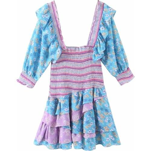 Mixed Floral Prints Ruffled Holiday Dress Square Neck Smocked Sexy Laides Dress Mini Dress 2021 Autumn