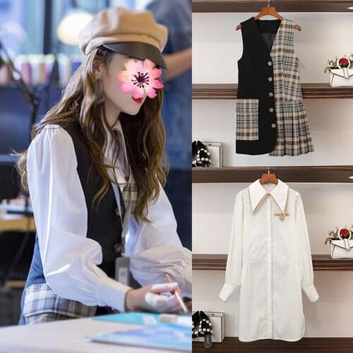 Happiness is at your fingertips. The same bubble sleeve shirt dress is available in Dilireba. Color matching plaid medium and