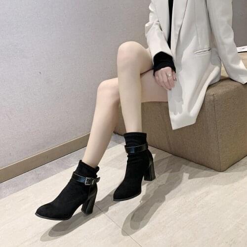 Autumn Winter Women Boots Belt Buckle Thick High Heels Female Short Fashion Stretch Lycra Sock Shoes Woman Martin Boots W21-80