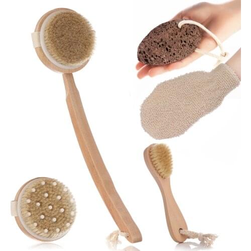 Scrub Bath Accessories Spa Natural Wooden Long Handle Soft Hair Shower Body Brush Set Dry Skin Massage Clean Foot Care Snoozing
