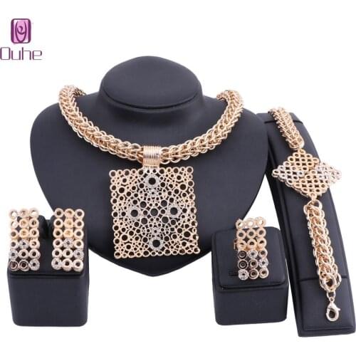 Bridal Gift Nigerian Wedding Party African Beads Jewelry Set Fashion Dubai Crystal Costume Design Square Necklace Earring Ring