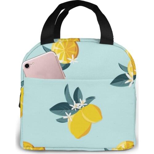 Tropical Summer Lemon Pattern Lunch Food Box Bag Insulated Thermal Food Picnic Lunch Bag for Women kids Men Cooler Tote Bag