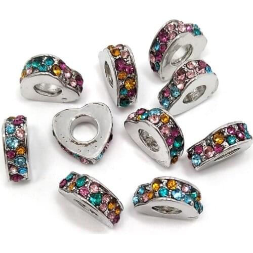 YIQIFLY free Shipping 20pcs 11mm new style colorful rhinestone heart shape alloy big hole beads fit European charms bracelet DIY
