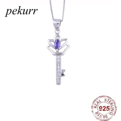 Pekurr 925 Sterling Silver Gems Lotus Flower Zircon Key Necklaces For Women Crystal key Pendants Wedding Fashion Jewelry