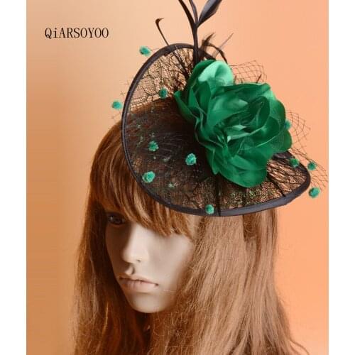 2017 Green Flower Lace Fascinators Headband Bride Veil Hair Accessories Wedding Cocktail Party Women Feather Hairband Headdress