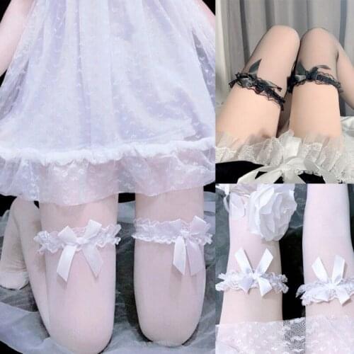 Women Lolita Sweet Ruffled Lace Top Thigh High Stockings Bow Sexy See-Through Silky Over The Knee Cosplay Long Socks