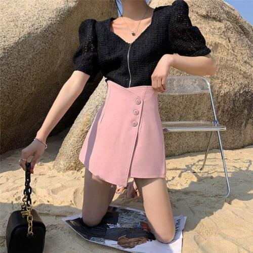 Women Spring Summer Shorts Casual Solid Shorts Button High Waist Solid Wide Leg Lady Elegant Suit Skirts Shorts YM137