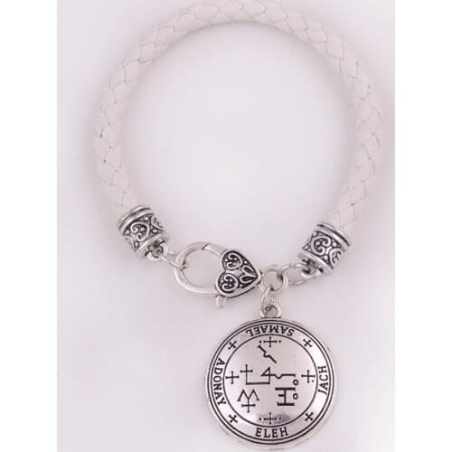 Hot Sale Unisex Viking Bracelet Strange Pattern And Archangel SAMAEL Written White Leather Chain Zinc Alloy Dropshipping
