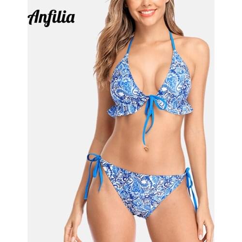 Anfilia Women Bikini Set Floral Print Swimsuit Ruffle Bandage Tied From Swimwear Sexy Push Up Beachwear