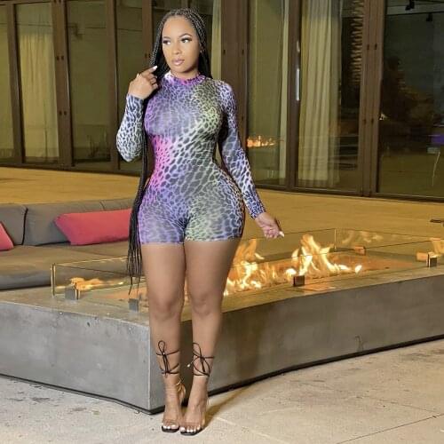 Sexy Leopard Print Colorful Playsuit Bodysuit Women Casual O Neck Long Sleeve Shorts Body Club wear Rompers Womens Jumpsuit