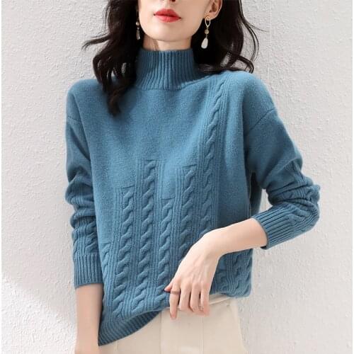 Ladies pullover 2021 fall/winter new 100% wool sweater casual solid color cashmere sweater high-neck thickening womens upper