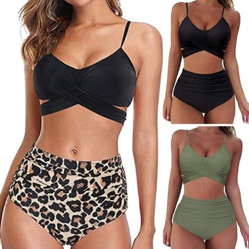 2021 Women Sexy 2 Piece Solid Color Bikini Set Criss Cross Lace-Up Padded Bra Swimsuit Ruched High Waist Thong Bathing Suit