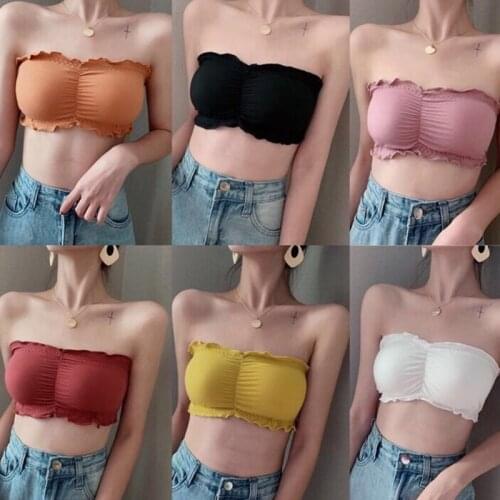 066C Women Strapless Ruffles Bandeau Bra Ribbed Knit Solid Wrapped Chest Tube Top
