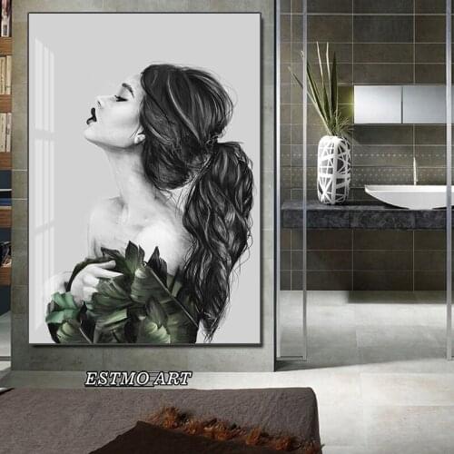 Abstract Canvas Painting Decorative Picture Nordic Green Leaves Flowers Woman Poster Modern Wall Decorations Living Room Decor