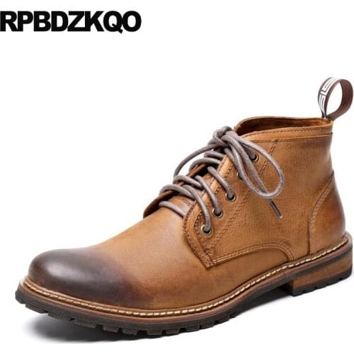 Short fall winter army lace up full grain leather shoes brown fur black men retro combat boots korean military flat booties