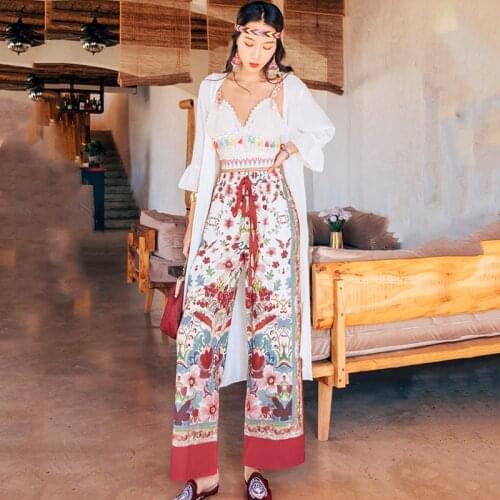 Fashion loose high waist retro printed seaside wide leg pants 2020 summer new female boho ethnic style holiday floral wide leg p