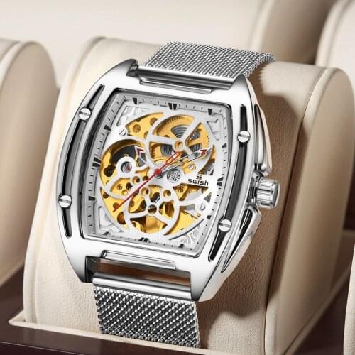 SWISH Waterproof Automatic Tourbillion Watches Men Silver Transparent Mechanical Watch Stainless Steel Sports Wristwatch 2021