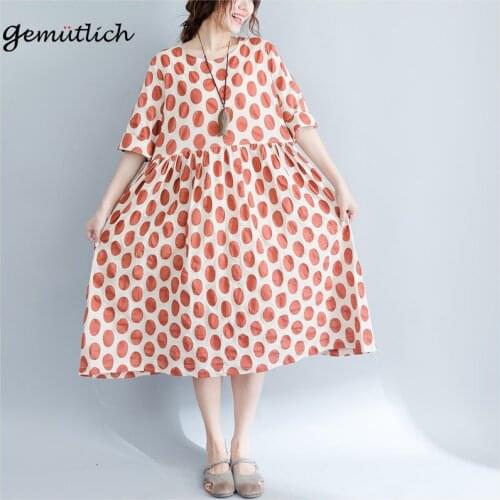 GEMUTLICH Plus Size Summer Women A-Line Polka Dot Dress Loose Casual Long Cotton Linen Dress Orange Sweet Style
