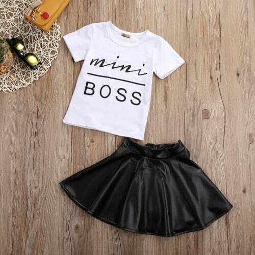 Pudcoco summer girls clothes cotton top t-shirt leather skirt 2pcs kids clothes printed letter children clothing 2T 3T 4T 5T 6T