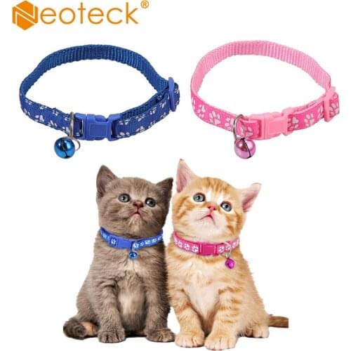 Neoteck 2 Pcs Adjustable Cute Printing Kitten Collar With Small Bell For Cats Colourful Lightweight Nylon Fabric