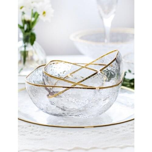 Luxury Transparent Square Glass Salad Bowl with Glod Rim Japanese Style Large Soup Dessert Fruit Mixing Bowl