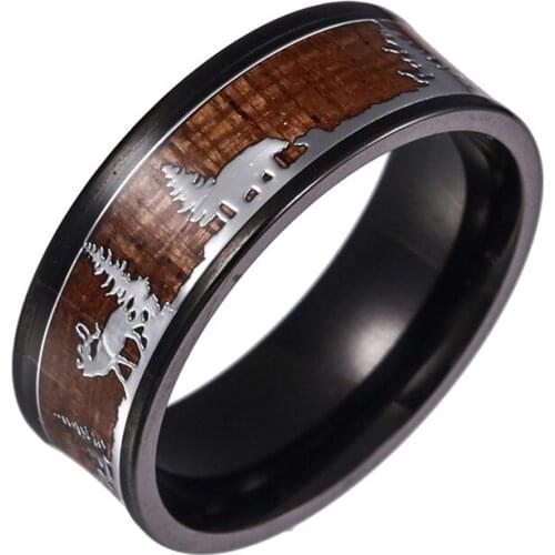 Wedding Jewelry Milu Deer & Wood Inlay Plating Black Ring for Mens Bridegroom Wedding Engagement Anniversary Xmas Gift