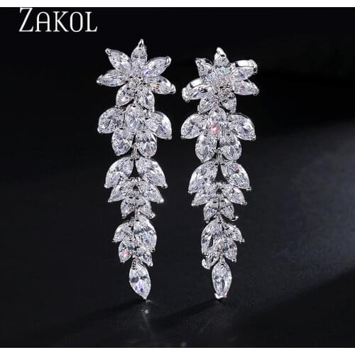 ZAKOL Luxury Gorgeous Marquise Cluster Flower Shape Cubic Zirconia Long Dangle Drop Earrings for Brides Wedding Jewelry FSEP005