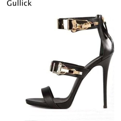 Women Nude black Leather Stiletto Heel Sandals Gold Band Sequined Strappy Sandals High Heel 2018 Hot Selling for Women