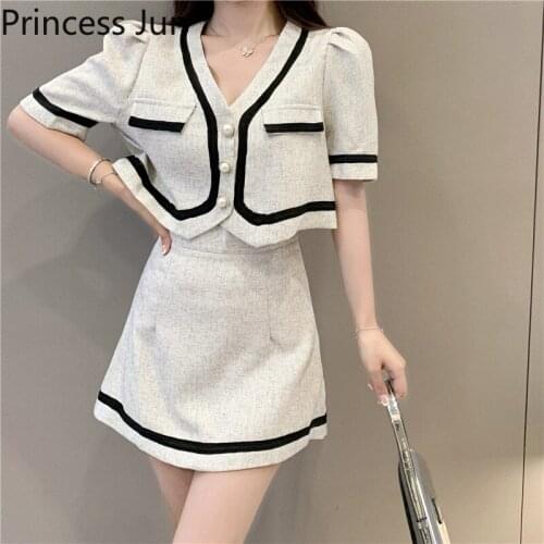 Summer Elegant Lady Two Piece Suits Color Contrast Short Sleeve V Neck Shirt&High Waist Mini A Line Skirt 2pc Dress Sets Outfits