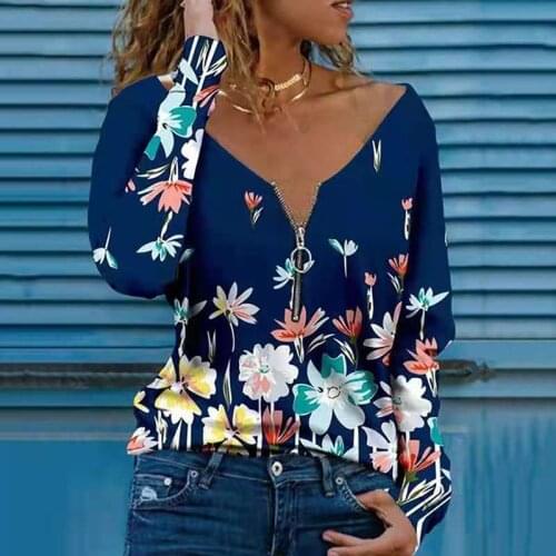 Floral print autumn spring pullover tees casual loose zipper v neck long sleeve womens t-shirt fall Female oversize t shirt top
