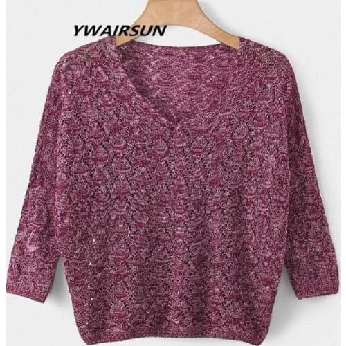 YWAIRSUN Openwork sweater womens scarf spring and autumn thin section loose v-neck bat sleeves sweater blouse Datting mujer