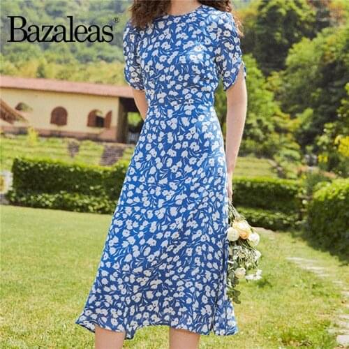 Bazaleas Chiffon Floral Print vestidos Palace O Neck women dress Vintage Petal sleeve Blue Dress Fashion