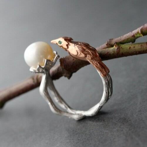 2020 new S925 sterling silver jewelry woman ring bird natural jade flower vintage adjustable ladies ring