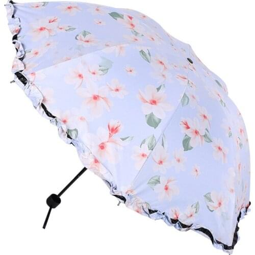 Lace Edge Black Coating Sunscreen Umbrella Three Folding Umbrella Girl UV Parasol Floral Umbrella Windproof Strong Umbrella 190T