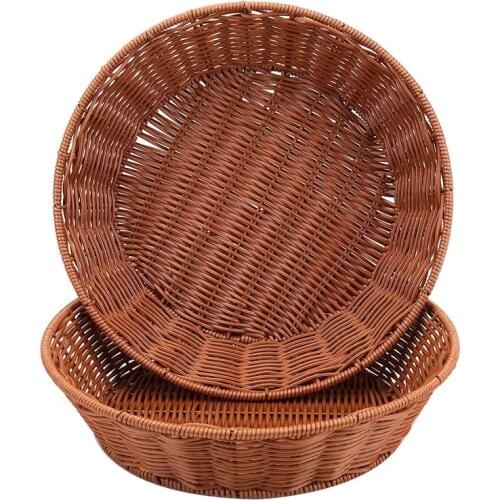 2Pcs Bread Basket for Serving Set,12 Inch Round Imitation Rattan Fruit Basket,Woven Stackable Tabletop Food Basket,Brown