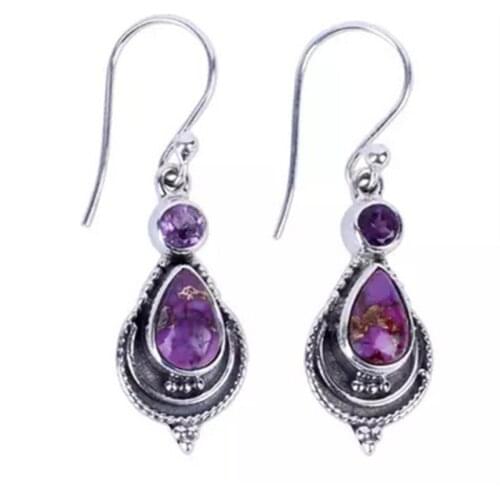 Bohemia Vintage Water Drop Purple Crystal Stone Statement Long Earring Natural Amethysts Dangle Earrings for Women Boho Jewelry