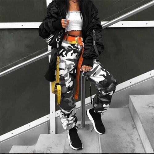 Women Camouflage Pant High Waist Hip hop Gray Camo Pant with pockets Girls Military Pant Jogger dance Pants