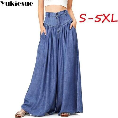 Streetwear summer 2019 boho womens pants female high waist denim pleated wide leg pants for women trousers woman Plus size 5XL