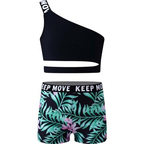 Kids Girls Gymastics Workout Outfits Floral Printed Sport Tanks Crop Tops with Leggings Shorts for Ballet Dance Performance Sets