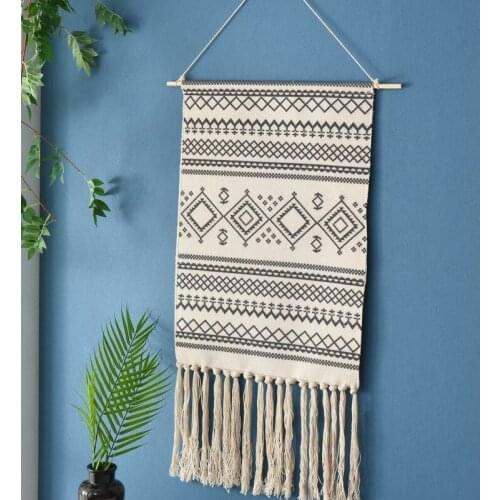 National Style Living Room Porch Cotton Braided Printed Tapestry Cotton and Linen Tassels Decorative Pendant Art Tapestry