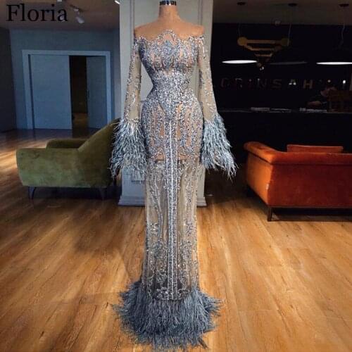 Illusion Beading Sequin Evening Dress Long Feathers abiye gece elbisesi Mermaid Women Prom Dress Formal Robe De Soiree Celebrity