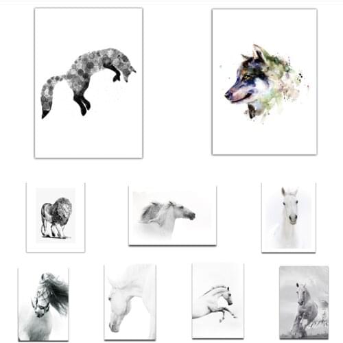 Canvas Painting Sketch Wolf Jump And Horse Run Posters and Prints Wall Art Picture For Living Room Home Decoration