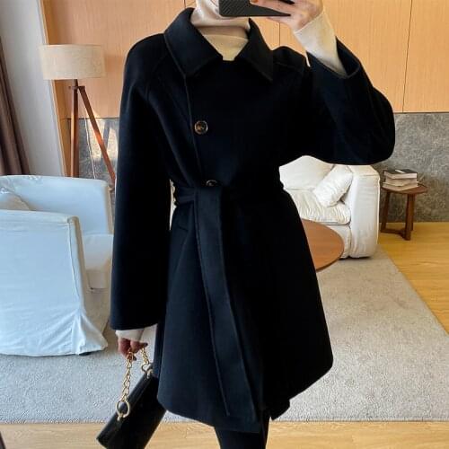 Cashmere Overcoat Womens Double Faced Cashmere High End Small 2021 New Black Belt Korean Tweed Coat