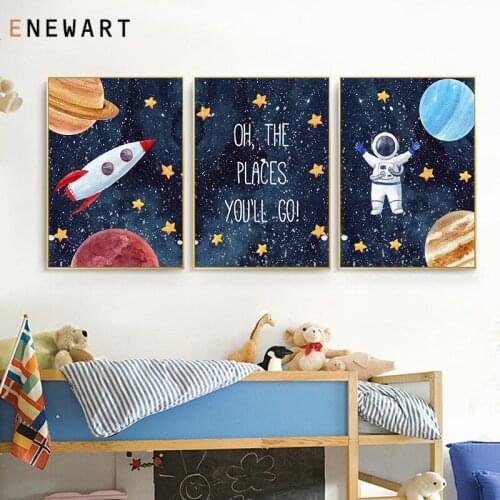 Space Themed Nursery Wall Art Prints The Places You'll Go Quote Canvas Painting Posters Baby Boy Gift Kids Room Wall Decor