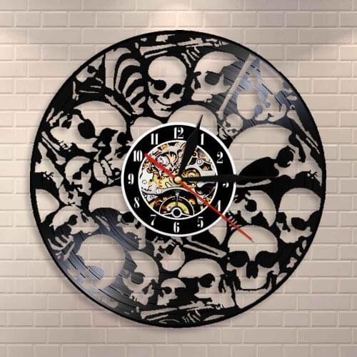 Make Of Vinyl Record Dead Skeletal Heads Wall Clock Vintage Hanging Piled Skulls Wall Art Halloween Horror Decor Vinyl Clock
