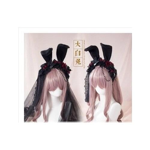 Gothic Rabbit Hair Hoop Dark Rose Hair Hoop Rabbit Ear Kc Lace Yarn Goth Lolita Hair Bows Hair Accessories Girl Hair Accessories