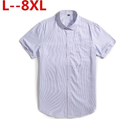 Plus 8XL 6XL 5XL mens work shirts Brand soft Short sleeve square collar regular striped /twill men dress shirts white male tops