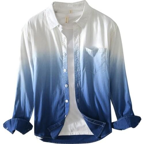 NEW Mens100% cotton Shirt Spring Mens Cool Thin Breathable Lapel Collar Winter Long Sleeve Hanging Dyed Gradient Casual Shirts